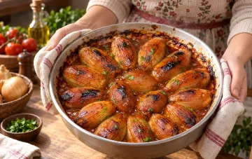 Soğan Dolması stuffed onions baked in a round pan, glazed with pomegranate molasses and garnished with herbs — Turkish recipe