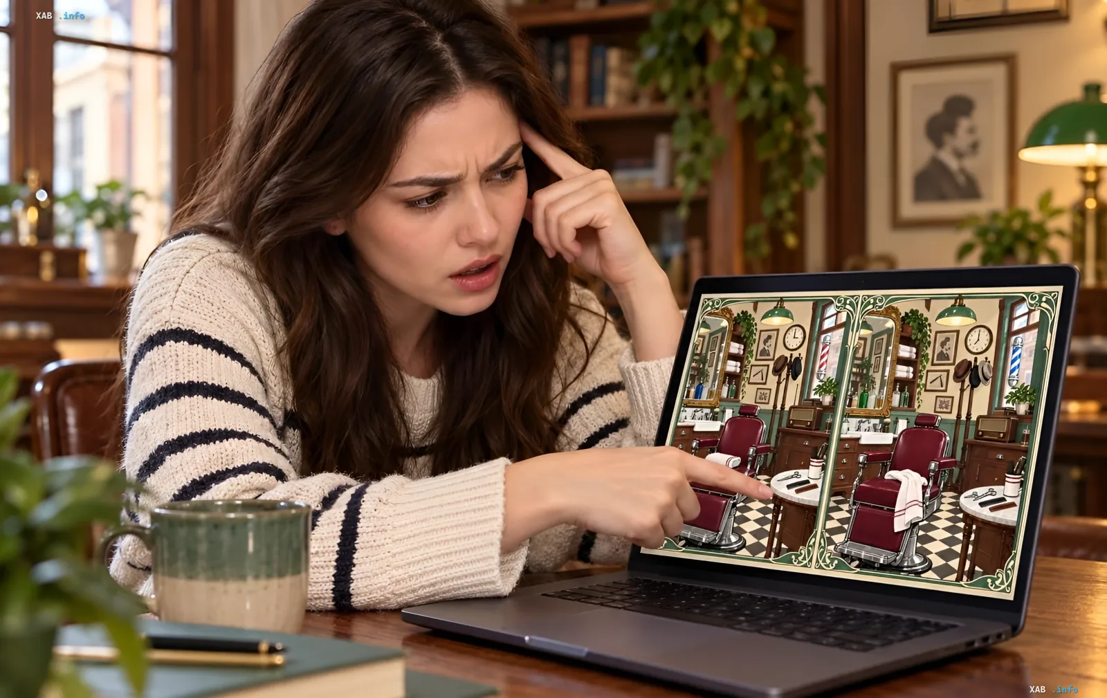 Woman intently searching for differences in a barbershop on a laptop screen — attention test