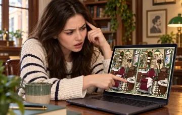 Woman intently searching for differences in a barbershop on a laptop screen — attention test