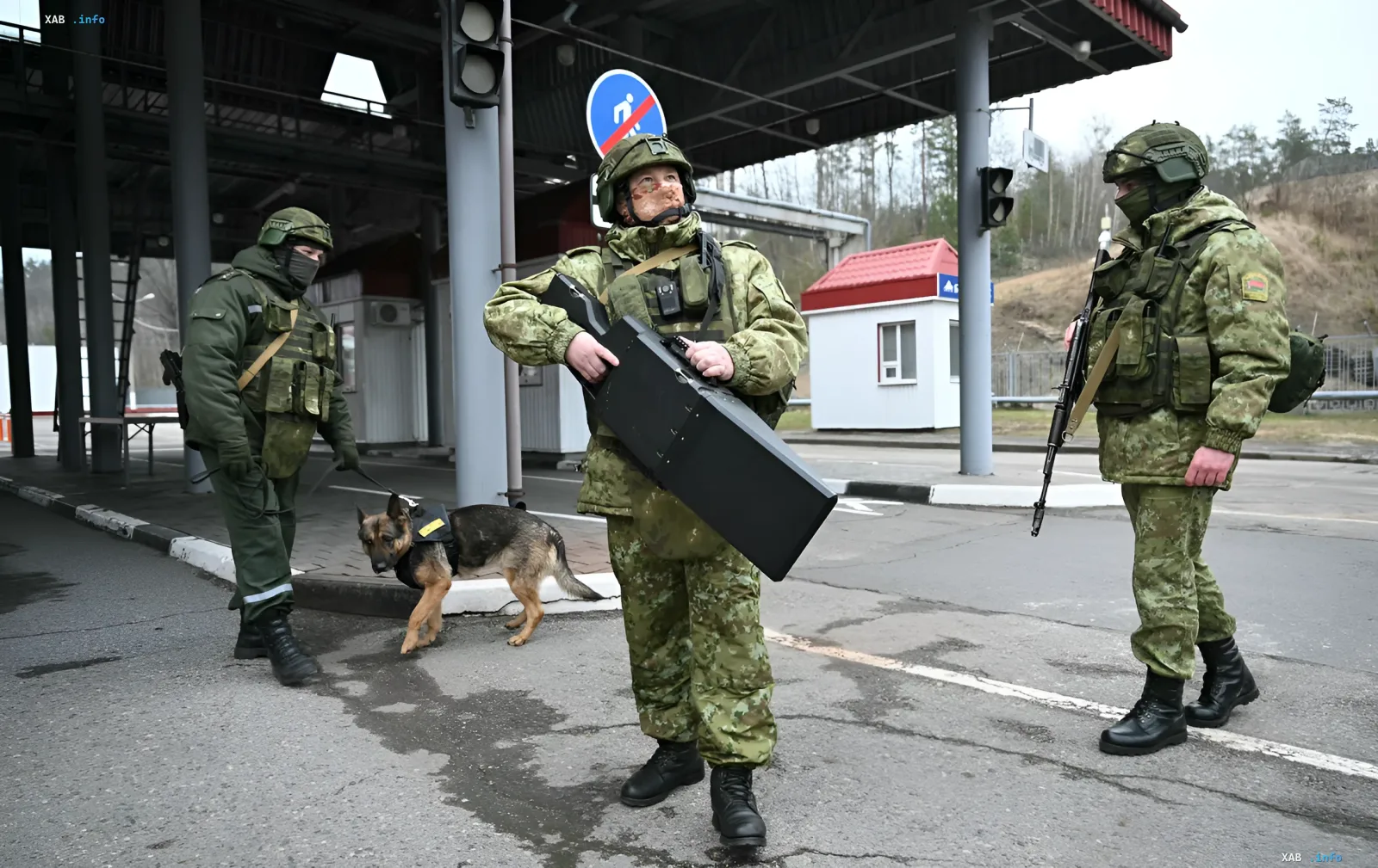 Пограничники в камуфляже с собакой и баллистическим щитом на контрольно-пропускном пункте в пограничной зоне