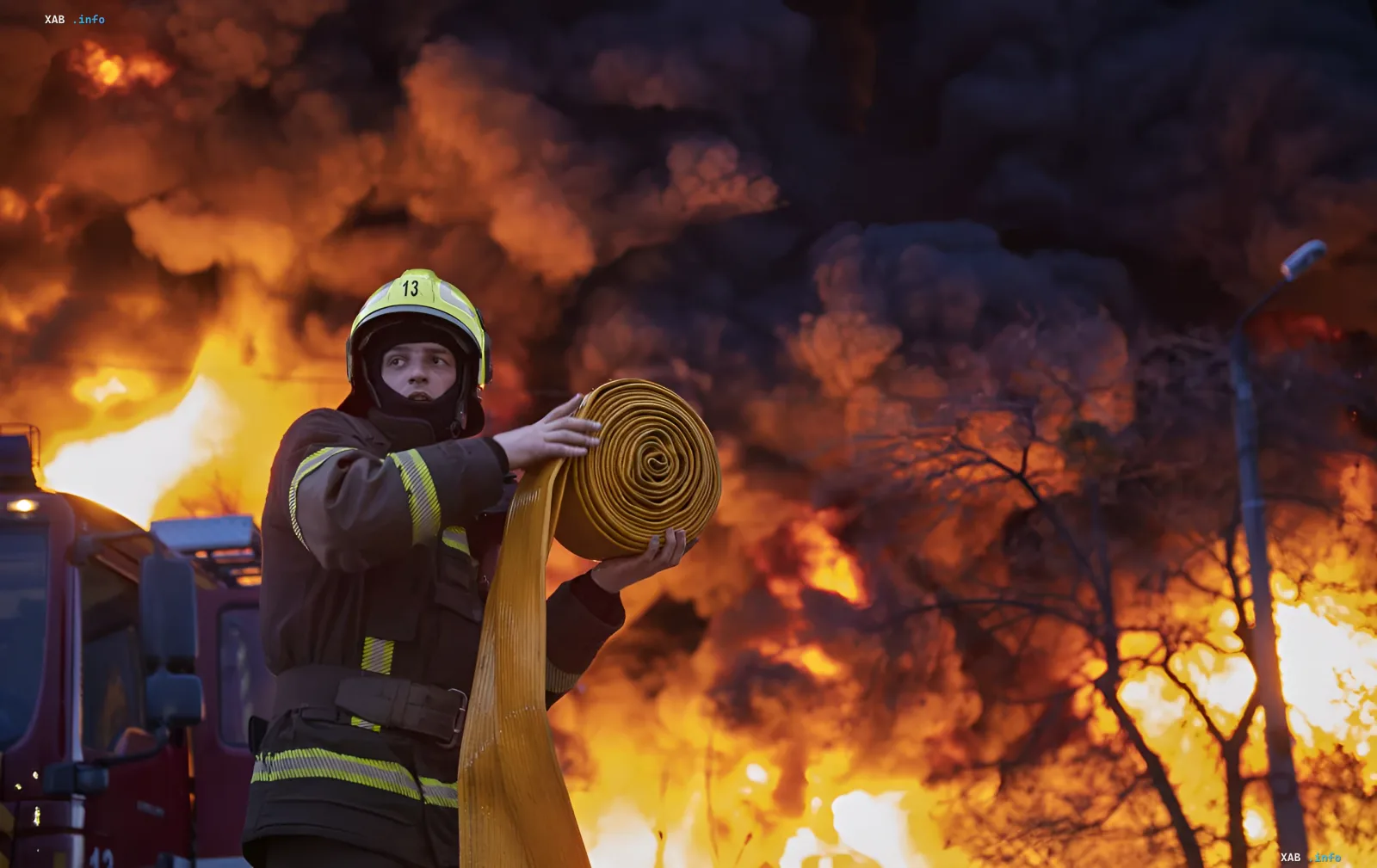Firefighter unrolling a hose in front of a burning building after an attack in Zvyagel