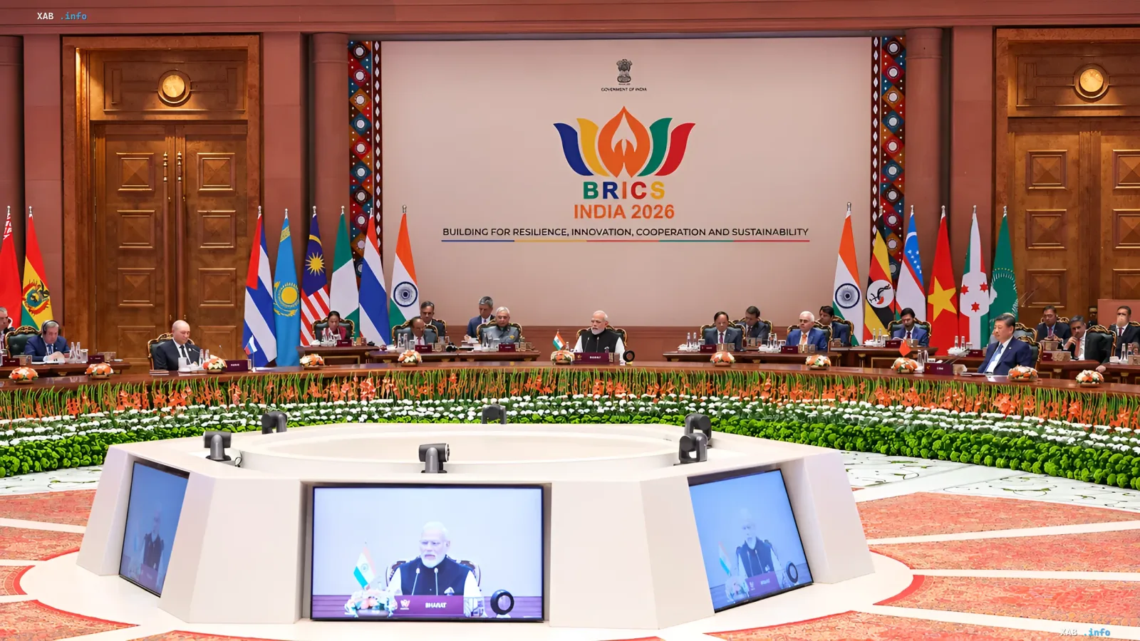 BRICS-Führungskräfte am Verhandlungstisch beim Gipfel in Neu-Delhi, Diskussion über eine gemeinsame Währung und Währungsintegration
