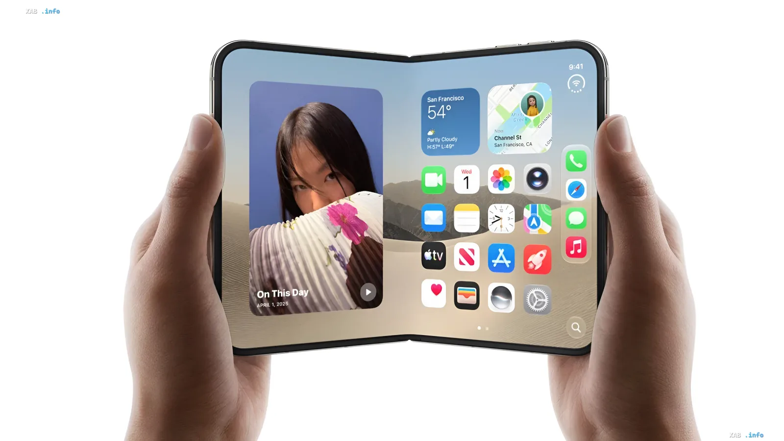 Концепт-арт складного смартфона iPhone Duo, раскрытого в формате планшета, который демонстрирует интерфейс iOS и виджеты на гибком экране.