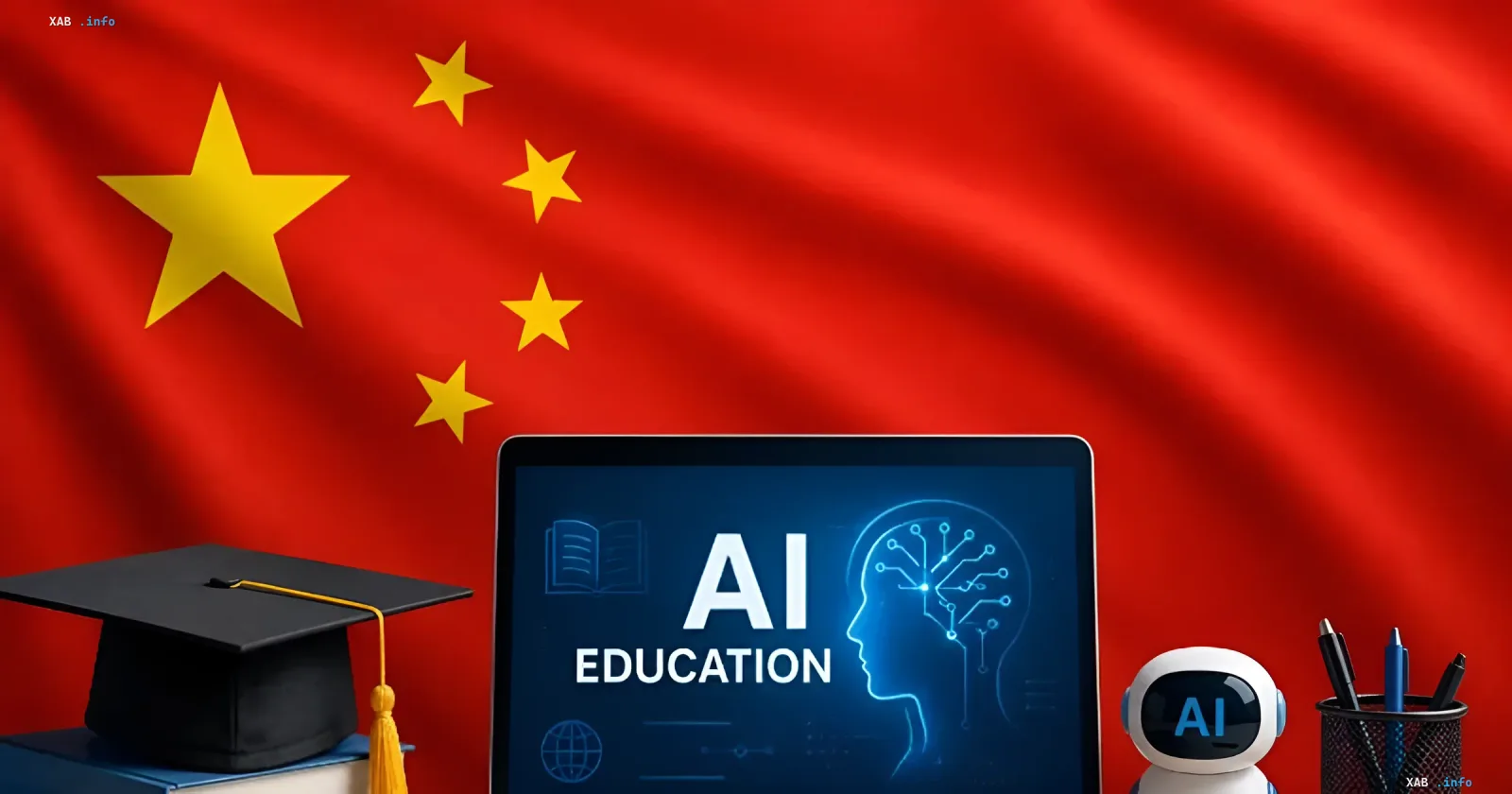 Chinese flag in the background with AI Education text, graduation cap, and robot, symbolizing AI integration in China's higher education