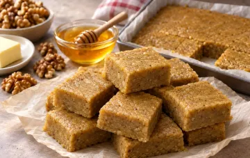 Медовые ореховые конфеты без выпечки: кубики десерта из мёда и грецких орехов, напоминающие халву, рядом миска с мёдом и орехи