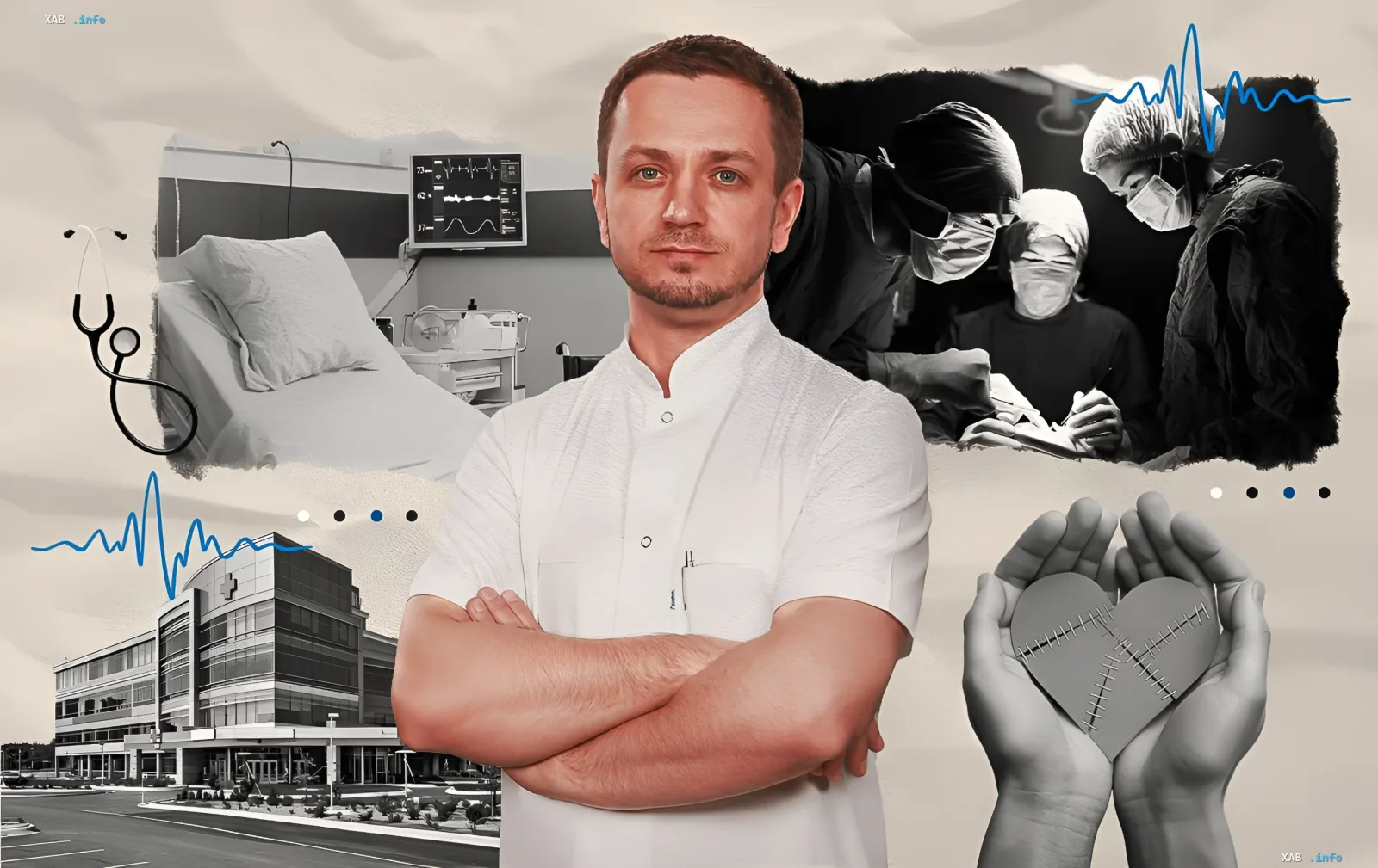Хирург перед операционной с фоном трансплантации сердца и больницы
