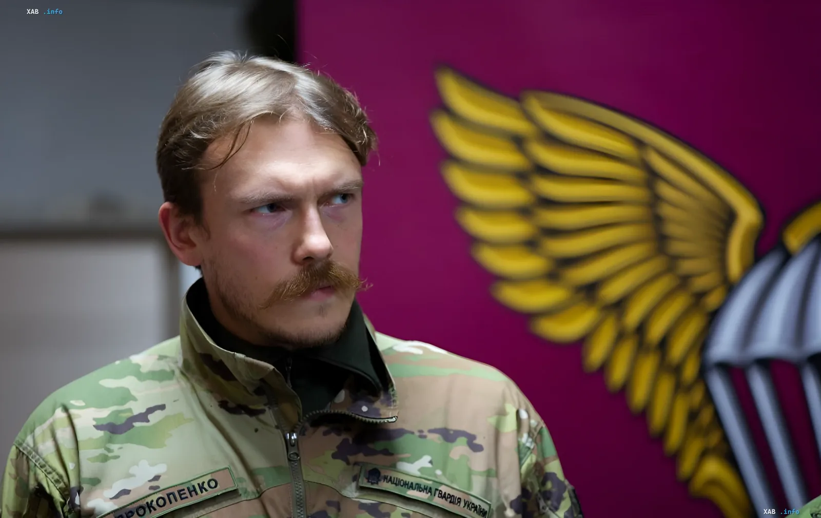 Военнослужащий Национальной гвардии Украины в камуфляжной форме на фоне символической эмблемы с крыльями — в контексте назначения бригадного генерала «Редис» командиром группировки войск «Азов» в Донецкой области