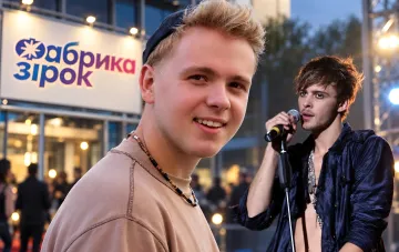 Teilnehmer der neuen Staffel von 'Fabryka Zirok' PRONKIN vor der Bühne der Show, auf der der Sänger auftritt, dessen Karriere er nachahmen möchte