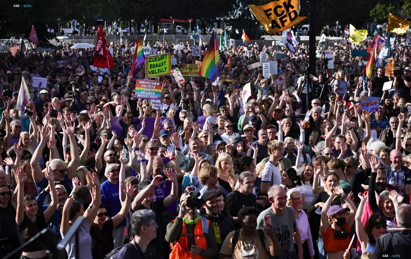 Толпа протестующих на митинге против партии AfD в Германии, участники поднимают руки и держат радужные флаги и плакаты