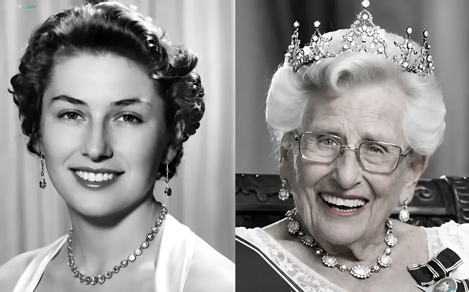 Norwegian Princess Astrid in her youth and in old age: a two-portrait collage tied to the news of her death two weeks after her brother the king