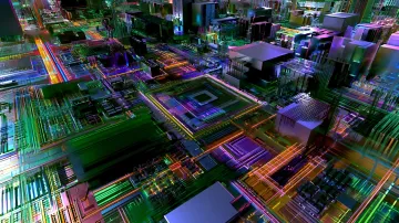 Stylized neon illustration of a semiconductor fabrication plant with pulsing circuits and processor crystals, depicting Japan's plan to build a chip factory on the Moon by 2040