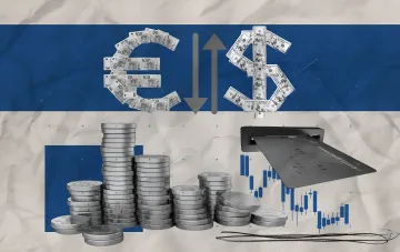 Euro and dollar symbols made of banknotes with volatility arrows, coin stacks and a credit card — NBU exchange rate on September 15: dollar at 44.61 UAH, euro below 51.5 UAH