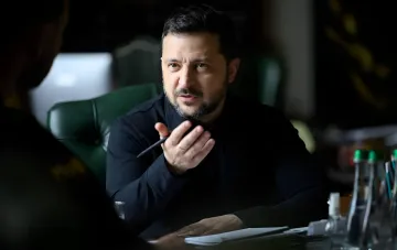 Volodymyr Zelenskyy at a defense working meeting, discussing the testing of interceptors for air defense against Shahed drones and the launch of the Freyja system
