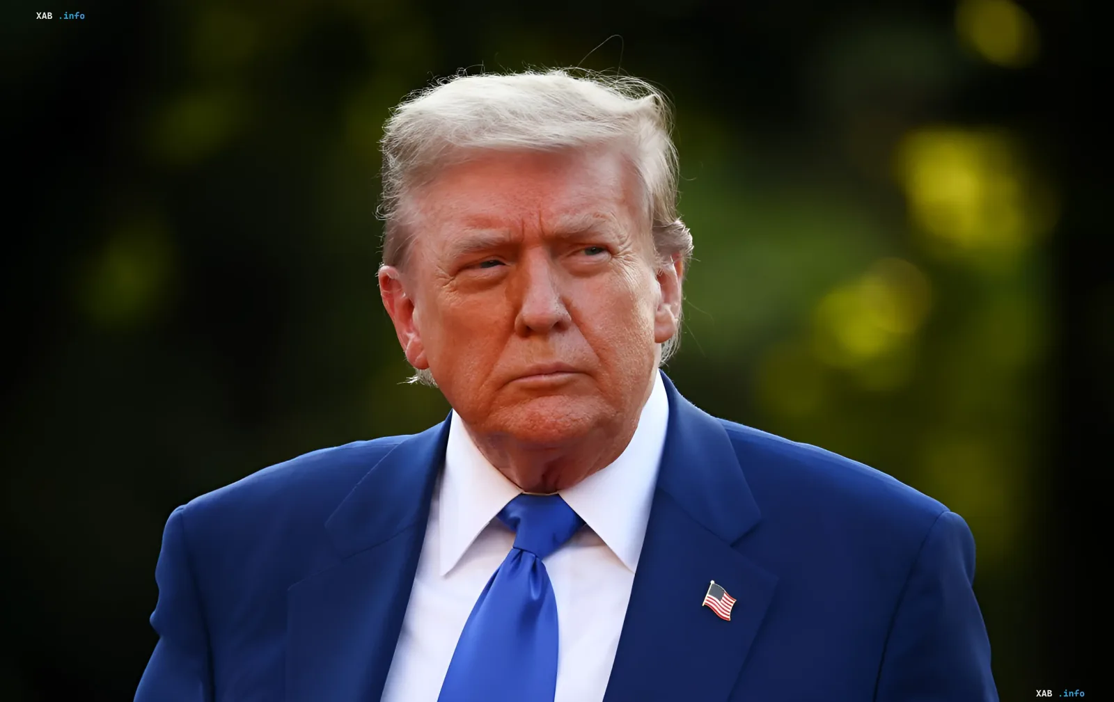 Дональд Трамп в синем костюме с американским флажком на фоне заявлений об энергетическом перемирии Украины и РФ перед выборами в Конгресс