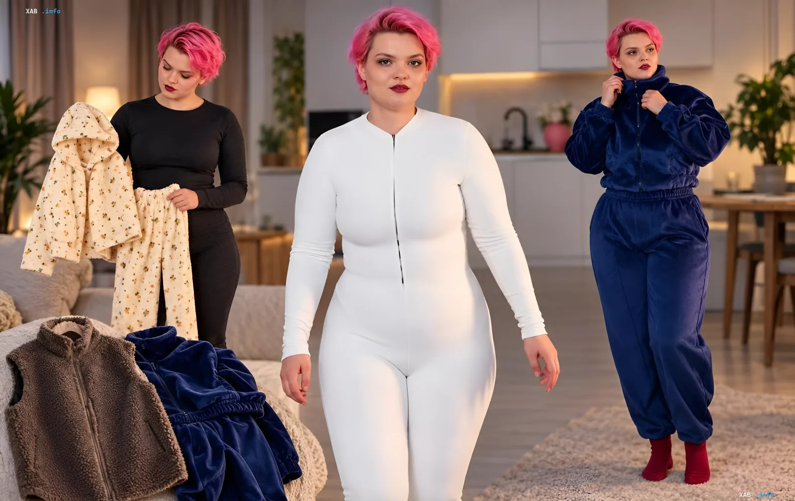 Stylistin demonstriert ein dreischichtiges Wärmekonzept für zu Hause: Basisschicht, Thermobody und Oberbekleidung aus Fleece oder Velours