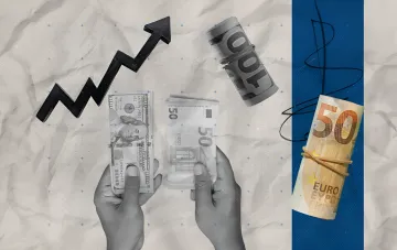 Wechselkurse in der Ukraine am 15. September 2026: Dollar teurer, Euro günstiger — Hände mit Dollar- und Euro-Scheinen und aufsteigender Pfeil