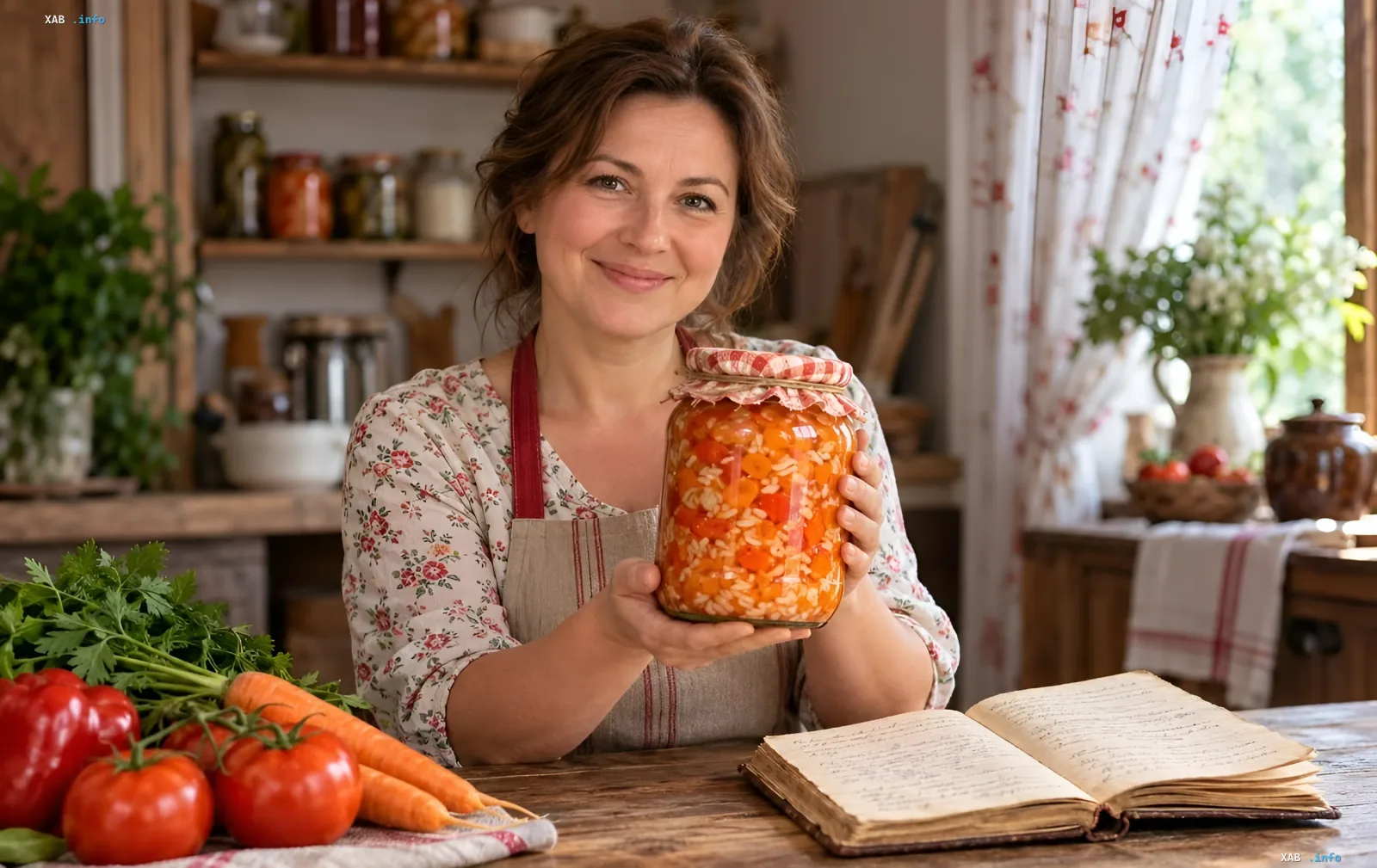 Frau in Schürze hält ein Glas mit Reis- und Gemüsesalat für den Winter neben einem offenen Rezeptheft und frischem Gemüse