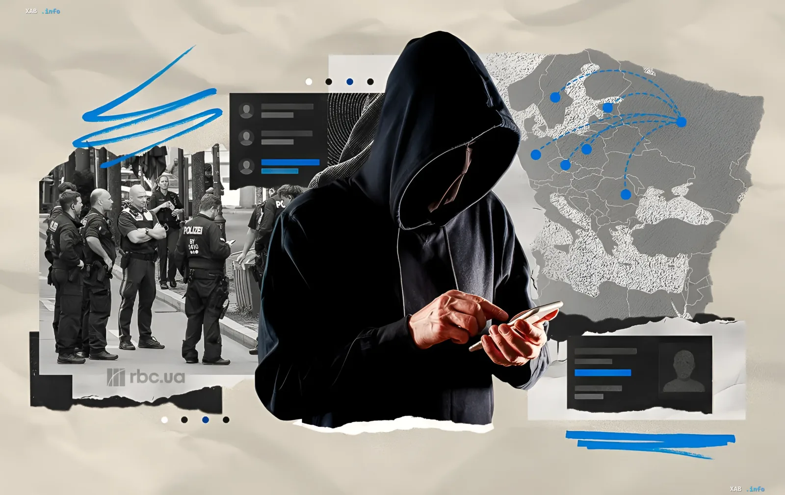 Схематичная иллюстрация промышленного саботажа: анонимный хакер в капюшоне, полиция на фоне и карта Европы с маршрутами диверсий