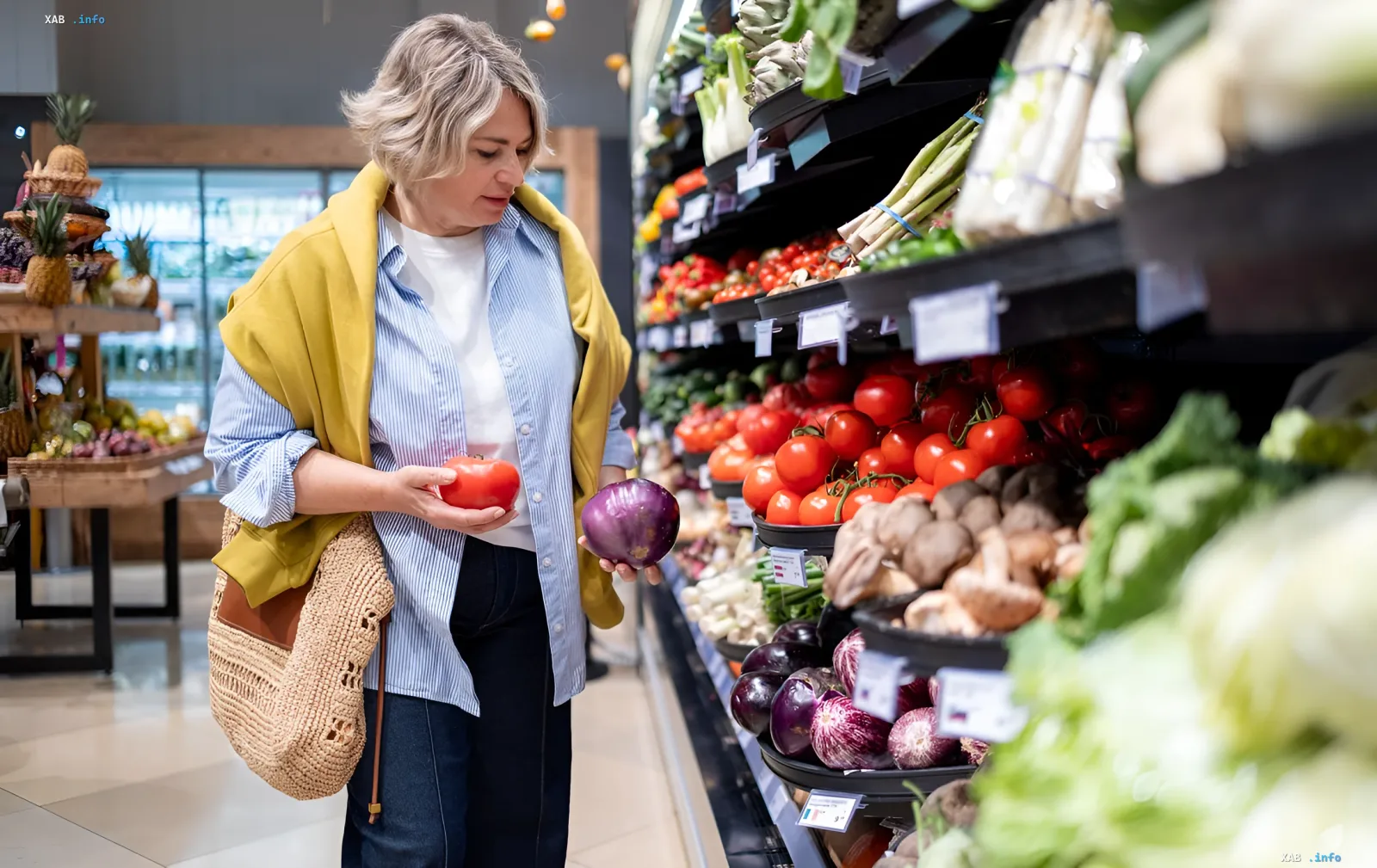 Käuferin wählt Gemüse im Supermarkt: Paprika und Zwiebel in der Hand vor Regalen mit Tomaten — Preise für das Borsch-Paket in der Ukraine