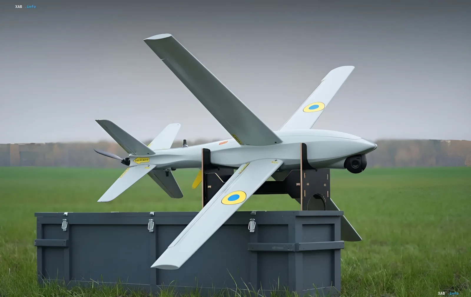 Баражуючий боєприпас RAM-2X на підставці в полі — дрон, яким ЗСУ вразили РЛС «Небо-М» біля Миллерово