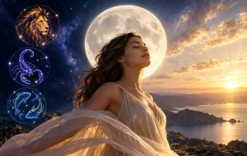 Leo, Scorpio and Pisces: white streak of luck from September 14 2026 — woman by the moon and sunset with zodiac signs