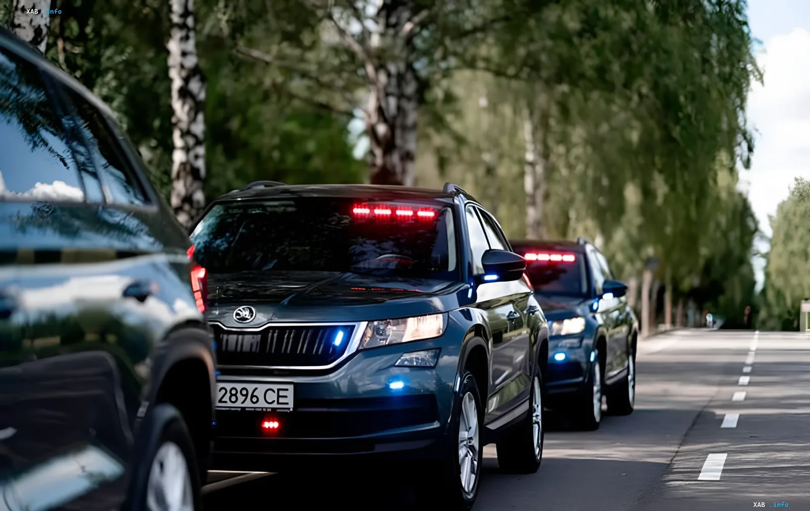 Патрульні автомобілі поліції з увімкненим сигналом на дорозі — приховані комплекси контролю швидкості «фантоми» на Львівщині та Дніпропетровщині