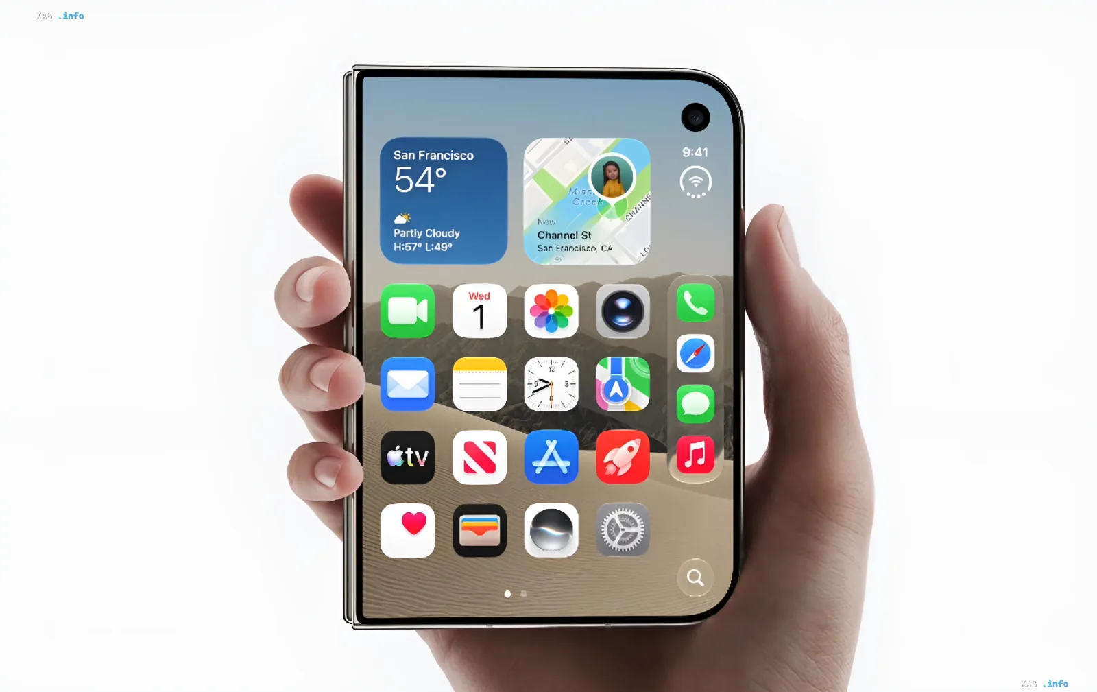 Концепт складного iPhone Duo: расправленный экран с интерфейсом iOS, фронтальная камера под пикселями и титановый корпус