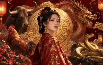 Chinese horoscope for September 16: Rooster, Ox, Dragon and Snake surrounded by symbolic animals and a golden circle with hieroglyphs