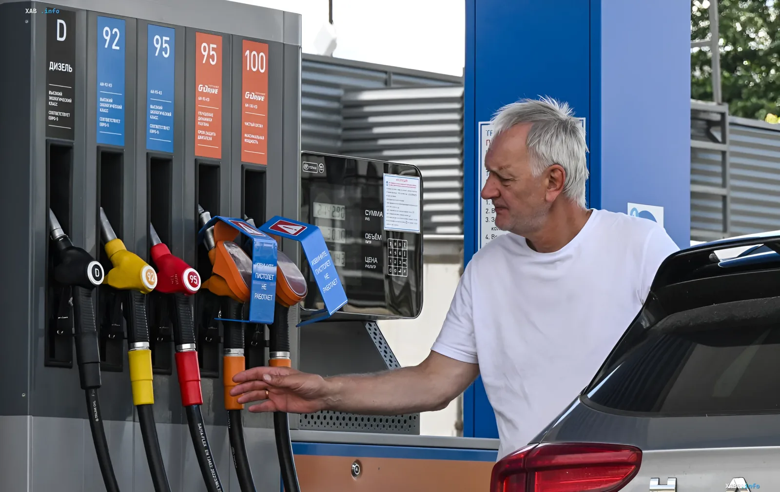 Fahrer betankt ein Auto an der Tankstelle unter Volumenbeschränkung, Pumpendisplay zeigt den Literzähler