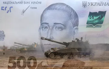 Гривнева купюра 500 зл з портретом Тараса Шевченка та танками на тлі — символ оборонних витрат у бюджеті-2027 України