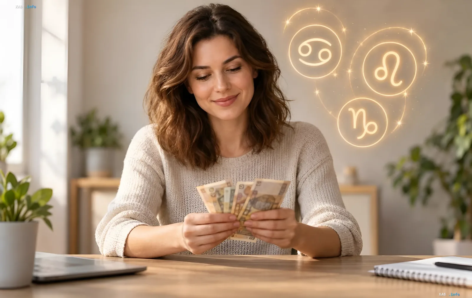Woman counting money against glowing zodiac symbols — financial breakthrough forecast by astrologers for September 2026