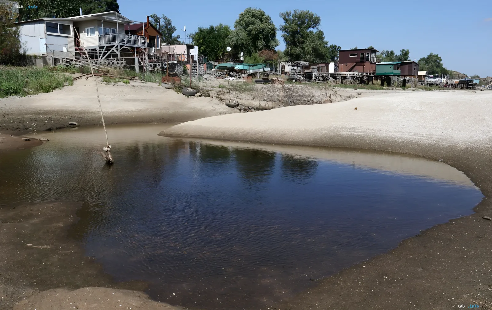Пересохшее русло малой реки в Украине: мелкая вода, песчаные отмели и дома на берегу на фоне исторического минимума уровня воды