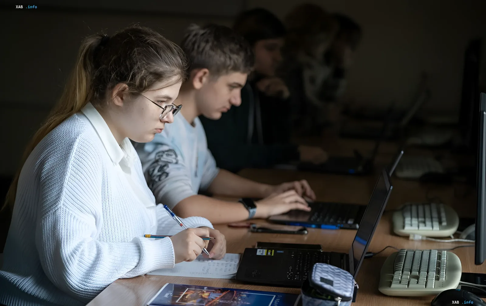 Oberstufenschüler in einem Computerraum: Ein Mädchen macht Notizen im Heft, ein Junge arbeitet am Laptop – Illustration zur neuen profilorientierten Lehrform in ukrainischen Lyzeen