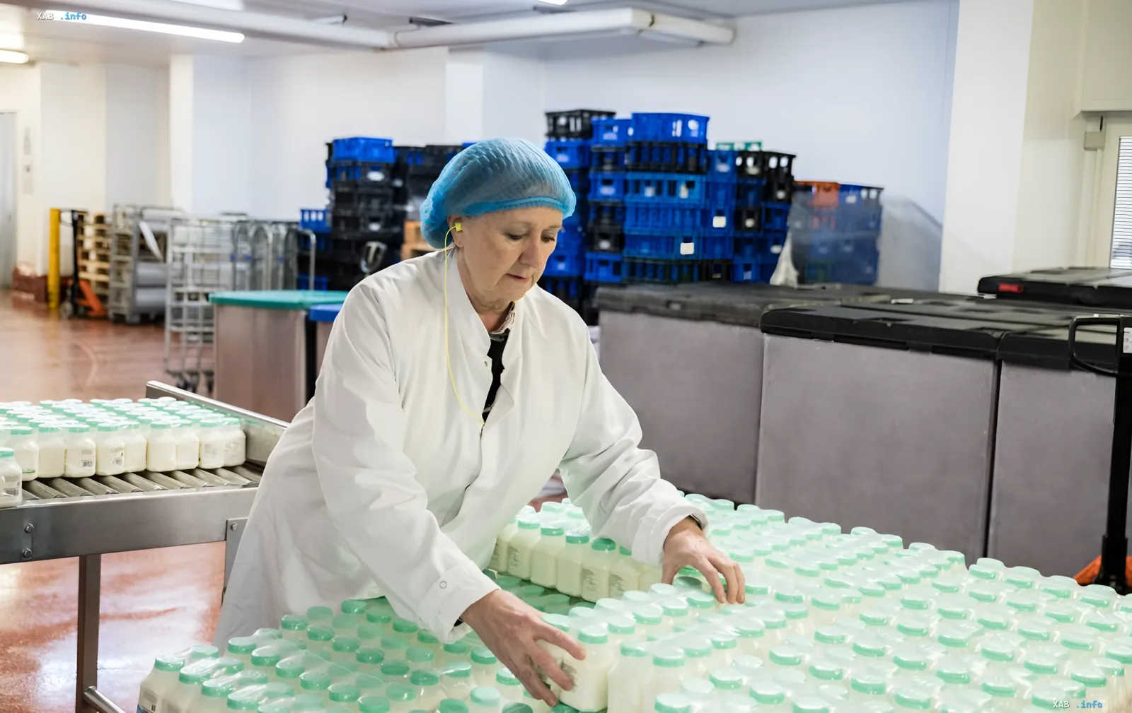 Украинская работница на молочном производстве в Польше сортирует бутылки на конвейере — иллюстрация к статье о схемах обмана трудовых мигрантов