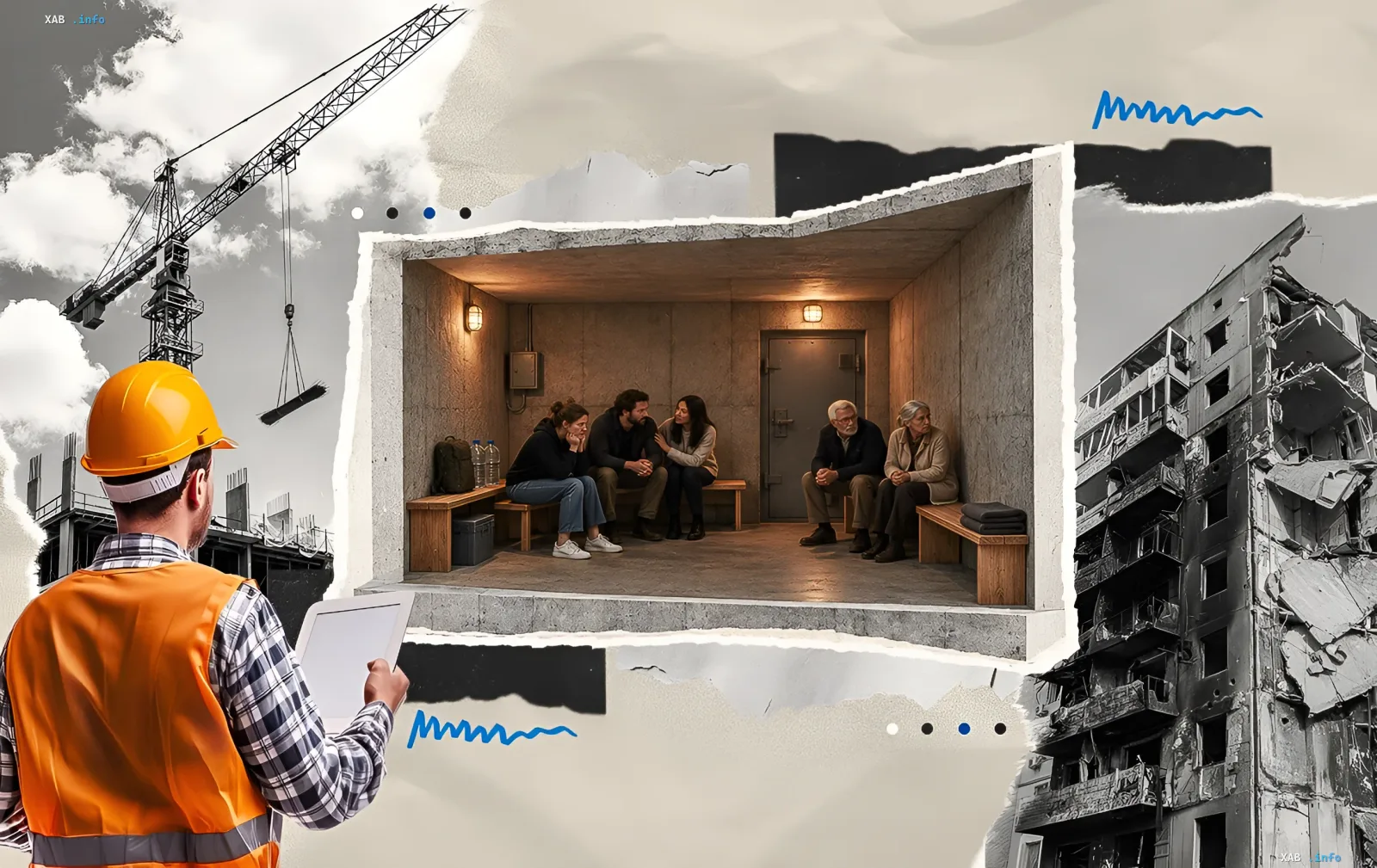 Концепция израильского мамада — защищённого бункера в квартире: строитель с планшетом, убежище с людьми и разрушенное здание на фоне