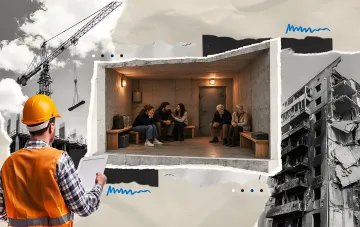 Концепция израильского мамада — защищённого бункера в квартире: строитель с планшетом, убежище с людьми и разрушенное здание на фоне