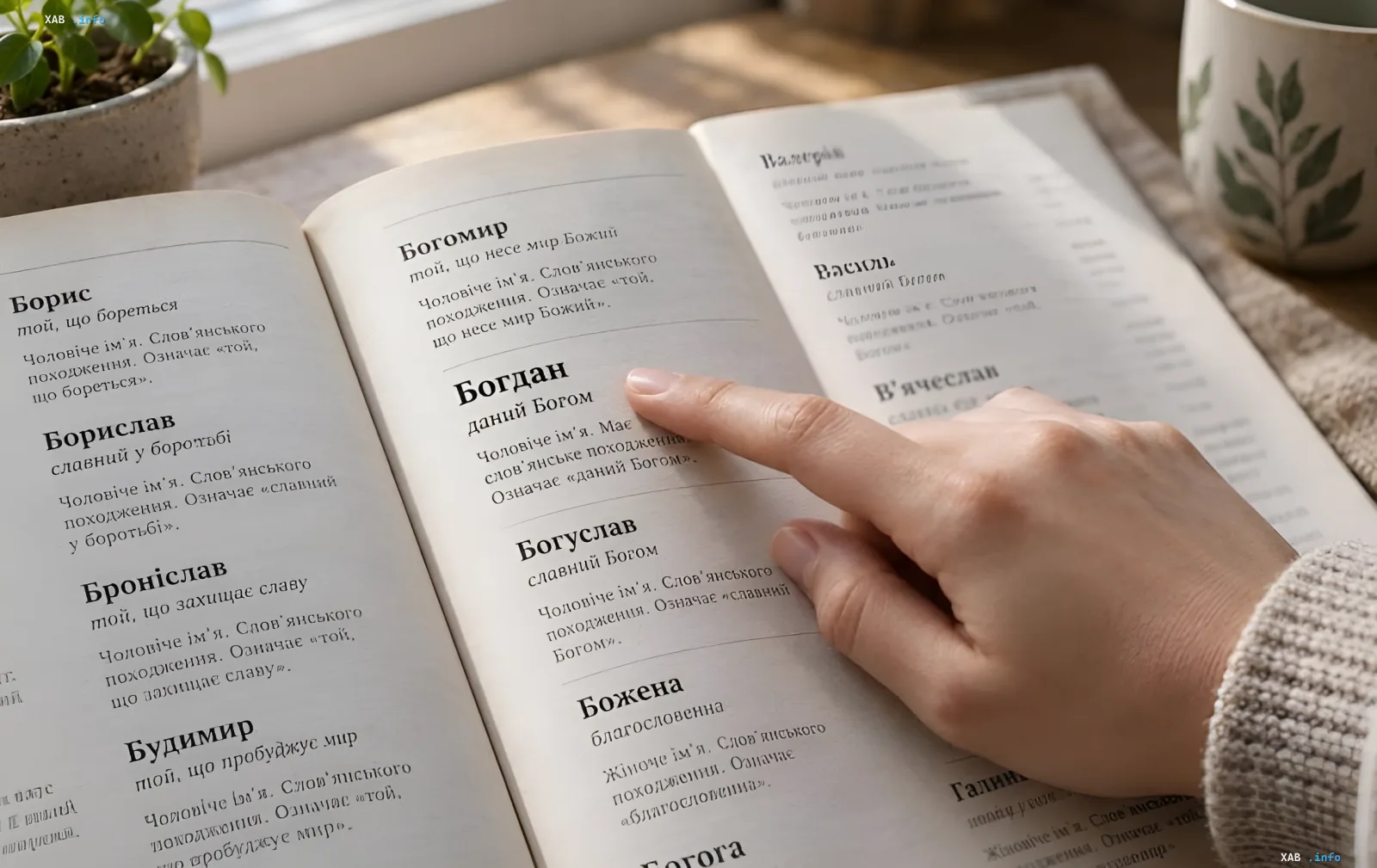 A hand points to the name Bogdan in an open book of Slavic name meanings, where the definition 'given by God' is shown