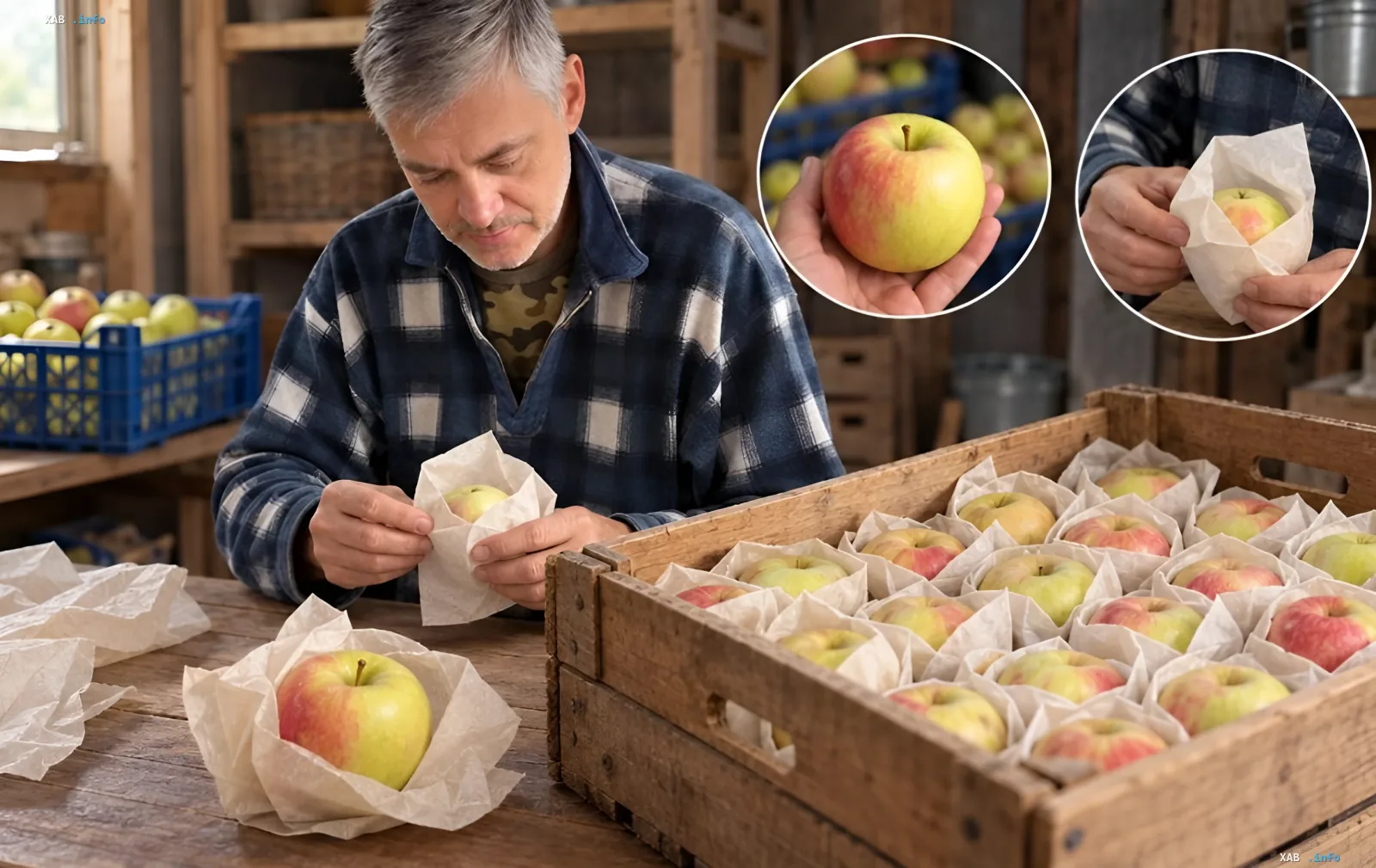 Man wrapping apples in paper and placing them in a wooden crate for long-term storage until spring