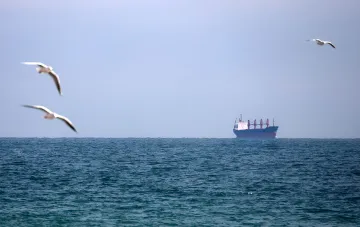 Гражданское судно в Чёрном море после атаки российского беспилотника, в небе чайки