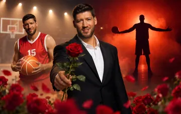 Basketballspieler Kravtsov im Anzug mit einer Rose vor dem Hintergrund eines Trikots und einer Spielersilhouette