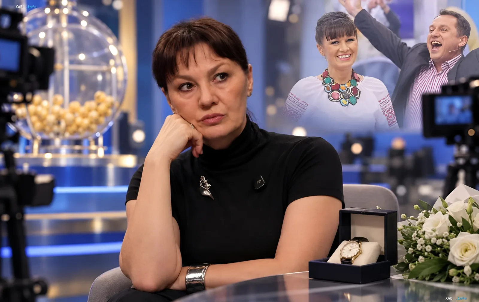 Лариса Руснак в студии интервью рассказывает о 18 годах работы в шоу «Лото-Забавы» и внезапном увольнении; на заднем плане — кадры из передачи