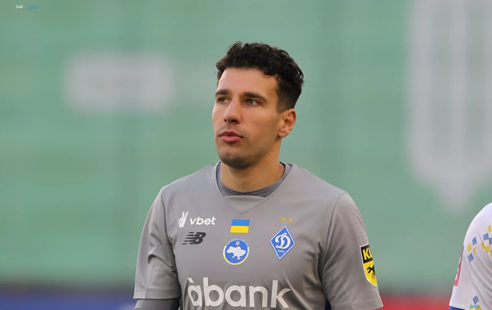 Goalkeeper of Dynamo Kyiv in grey match kit on a stadium background — photo for the news on Neshcheret's recovery from a knee injury