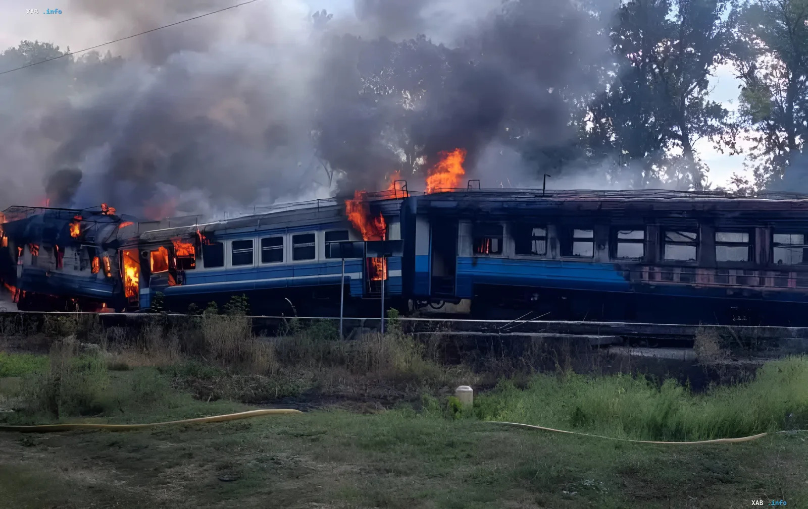 Burning Ukrainian passenger train after a targeted Russian mesh-drone strike, flames and smoke rising from the carriages