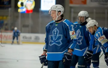 Hockey players of the Sokol club in blue jerseys on the ice during the debut match of the 2026 Ukraine Cup against the Hornets