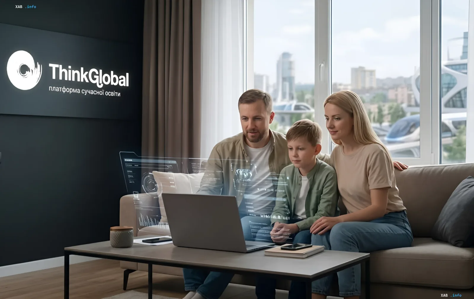 Сім'я використовує ноутбук у вітальні з логотипом ThinkGlobal та візуалізацією ШІ-інтерфейсу