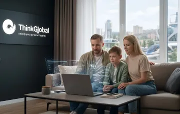 Familie benutzt Laptop im Wohnzimmer mit ThinkGlobal-Logo und KI-Schnittstellenvisualisierung