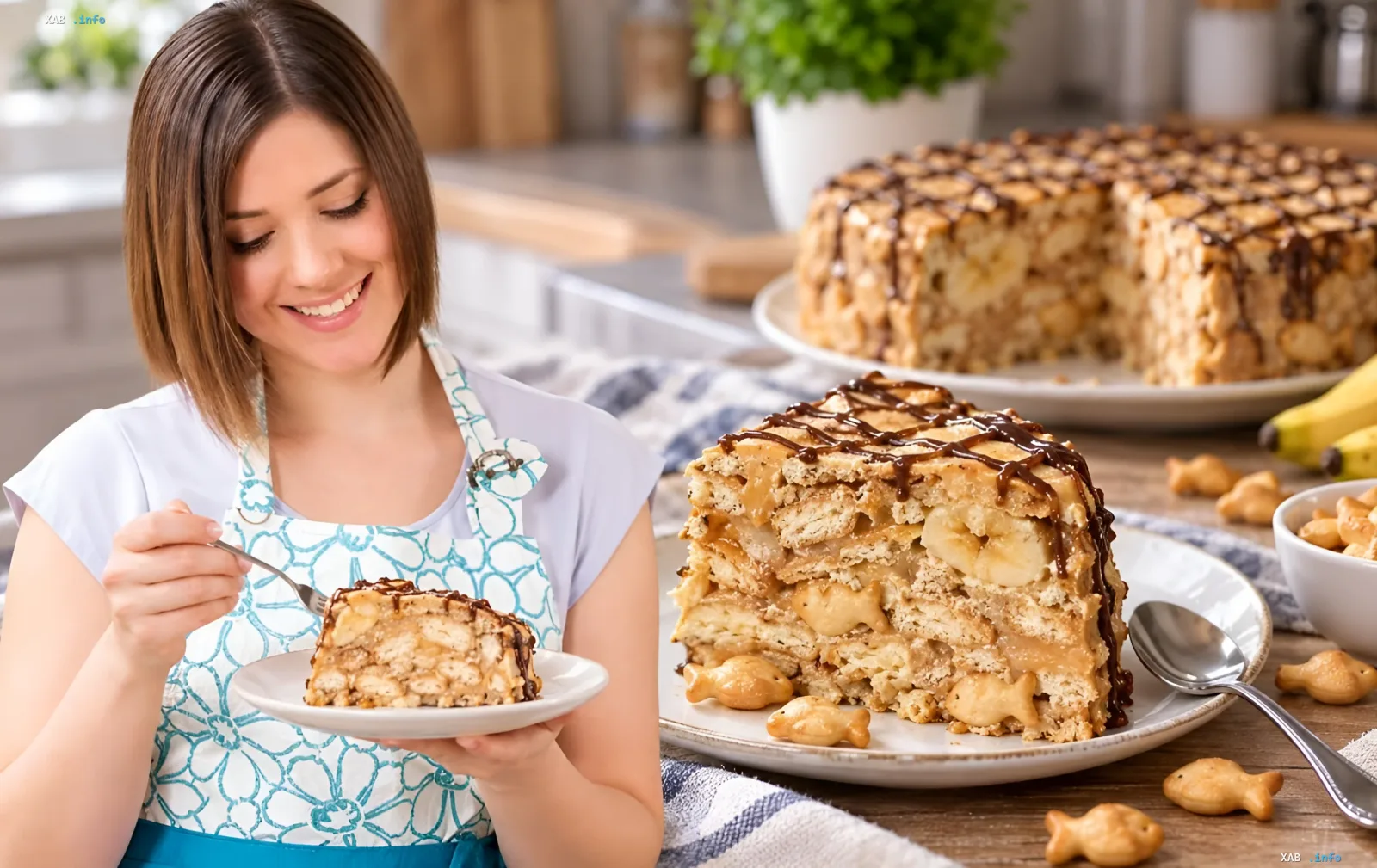 Frau in Schürze hält einen Teller mit einem Stück Kuchen ohne Backen aus Cracker, Sauerrahm, Kondensmilch und Banane, daneben auf dem Tisch der ganze Kuchen mit Schokoglasur