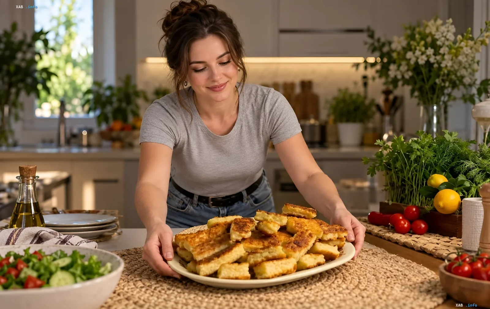 Frau serviert einen Teller mit fertigen Quark-Nuggets — das Ergebnis des Schritt-für-Schritt-Rezepts von Styler mit 15 g Protein pro 100 g
