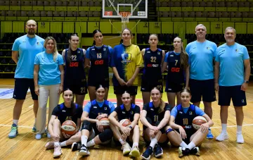 Women's Budyonovets basketball team group photo on the court, club withdrew from European cup competitions