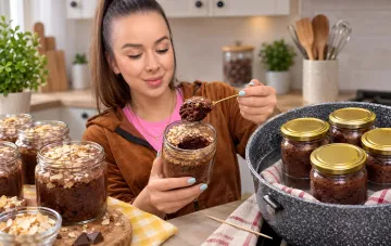 Женщина дегустирует шоколадный кекс в банке с орехами, приготовленный на водяной бане без духовки по рецепту Styler